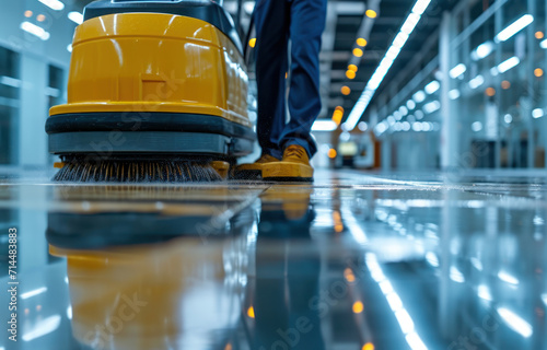 Worker washing office floor with cleaning machine. © somruethai