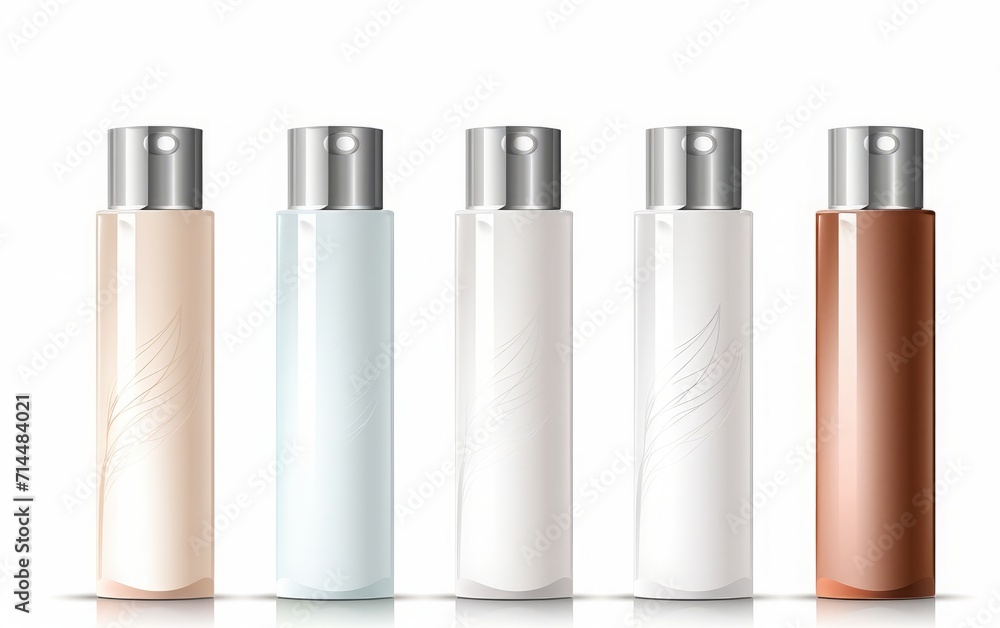 Mockups of plastic packaging bottles for cosmetics and skin care are presented, set against a white background. Mockups of plastic packaging bottles for cosmetics and skin care are presented, set against a white background.