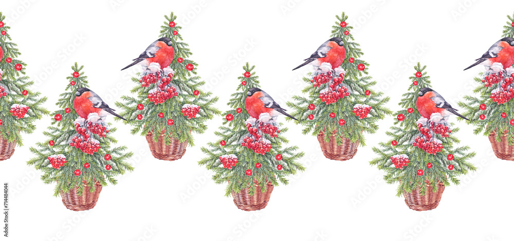 Seamless rim with watercolor green christmas tree with red berries ashberry and bird bullfinch and basket on white background. Fir or pine for border. Hand-drawn art pattern for new year celebration Seamless rim with watercolor green christmas tree with red berries ashberry and bird bullfinch and basket on white background. Fir or pine for border. Hand-drawn art pattern for new year celebration
