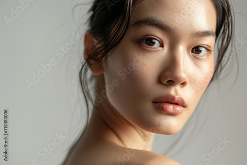 Studio portrait photo of Asian woman with beautiful facial skin with minimal make up use for skin care product commercial advertising.