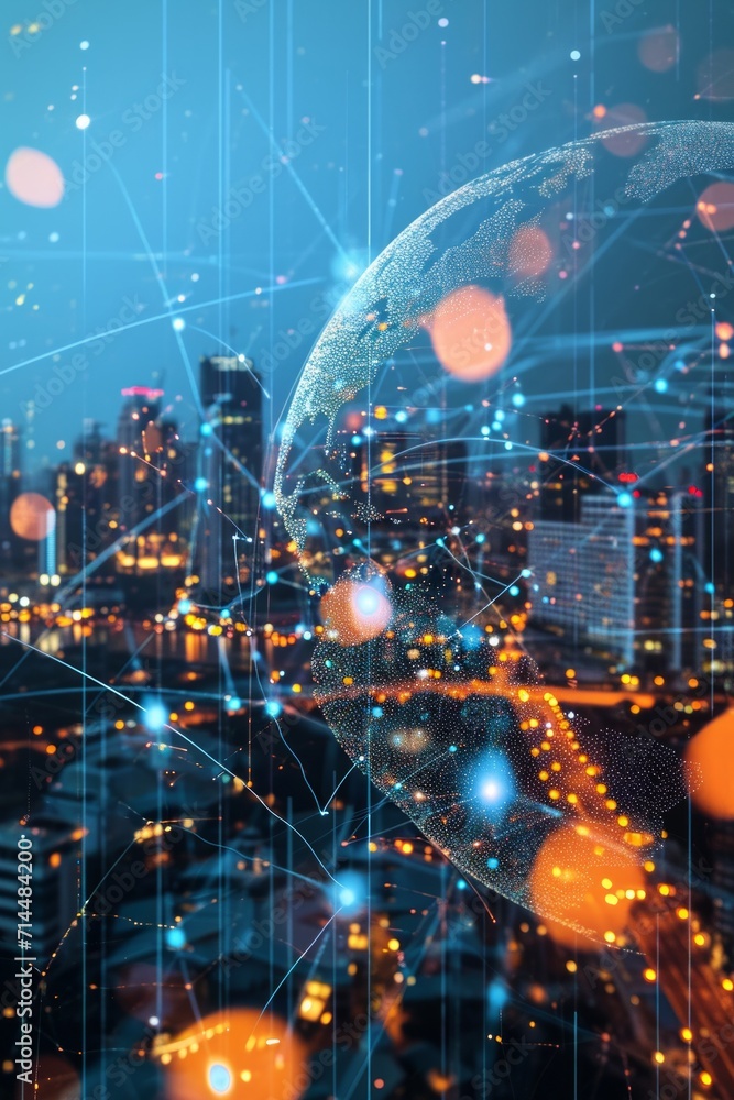 Global commerce and networking, Double exposure of a Globe with network connection lines and modern buildings Global commerce and networking, Double exposure of a Globe with network connection lines and modern buildings