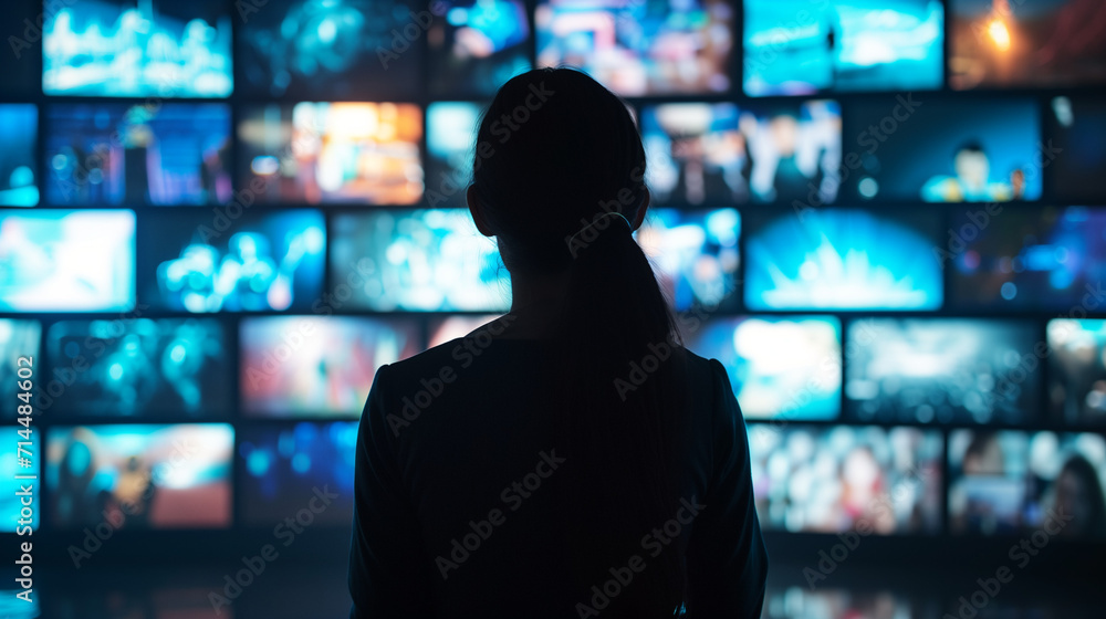 A person watching a video wall with multimedia images A person watching a video wall with multimedia images