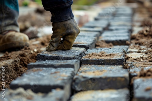 A skilled paver meticulously lays paving stones, creating a pathway layer by layer