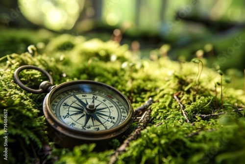 A compass rests on a bed of moss in a lush forest