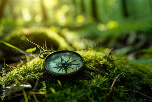 A compass rests on a bed of moss in a lush forest