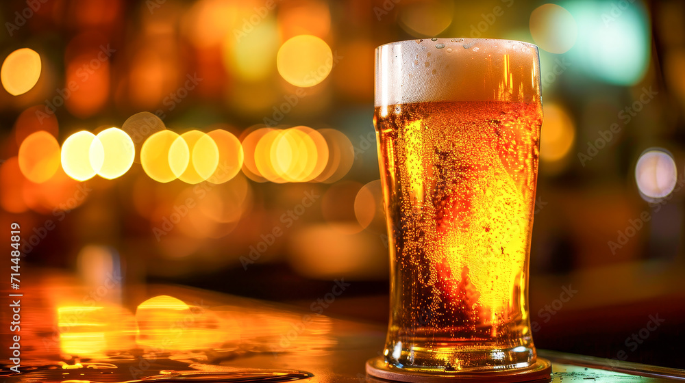 Sparkling Beer Glass with Bokeh Background
