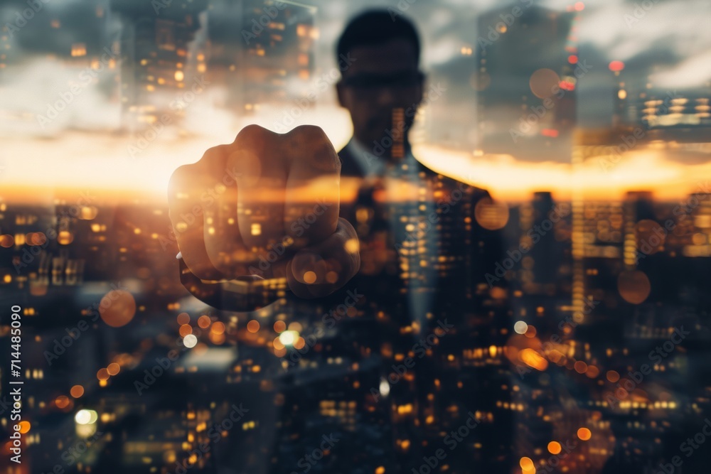 Fototapeta premium A successful businessman raises his hand in triumph, his image superimposed on a cityscape