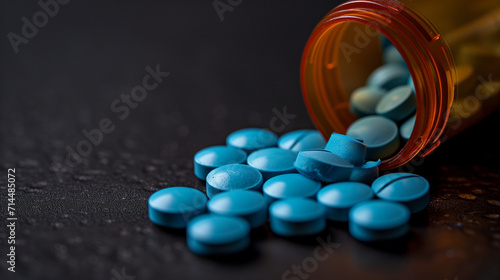 blue medical pills or tablets with bottle on black background