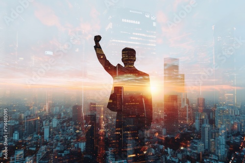 A successful businessman raises his hand in triumph, his image superimposed on a cityscape photo