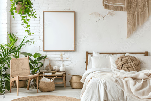 Mock up frame in bedroom interior backdrop, white room with natural wooden furnishings, Scandi Boho style with plants photo