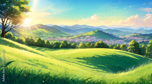 Beautiful mountain views with very wide and green grass. The sky is bright blue with the sun dazzling the eyes. Beautiful mountains wallpaper with anime style. Landscape view

