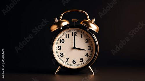 black vintage alarm clock with white dial on black background