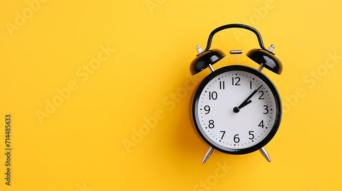 black retro alarm clock on yellow background top view