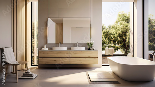 Modern minimalist bathroom interior  modern bathroom cabinet  white sink  wooden vanity  interior plants  bathroom accessories  bathtub and shower  white and blue walls  concrete floor.