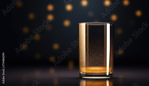 Elegant glass of whiskey with ice on a dark background with bokeh lights.