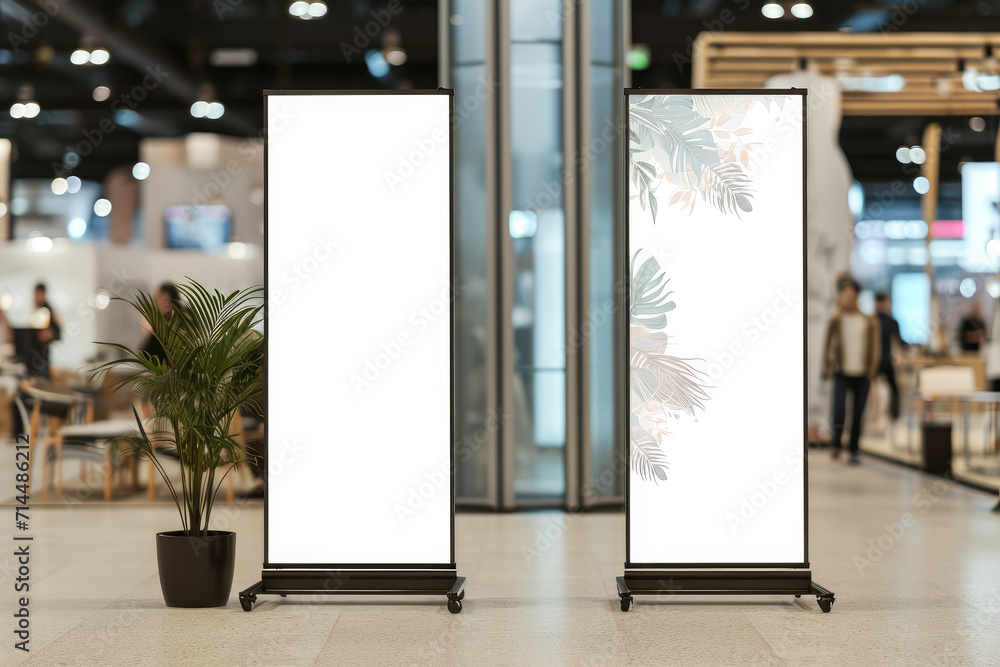 Mockup of two Vertical roll up banner at a trade fair - obrazy, fototapety, plakaty 
