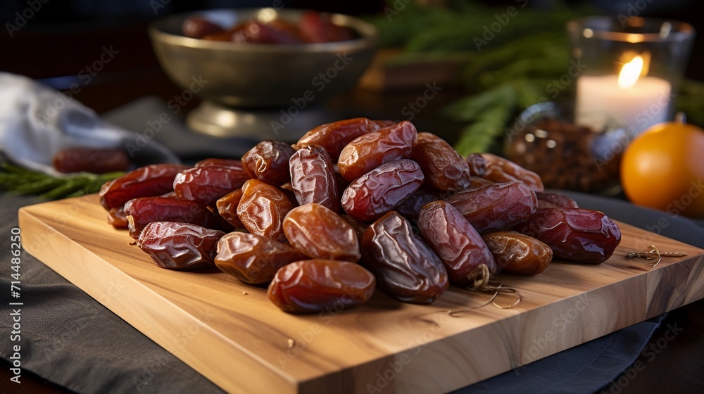 Dates fruit on a wooden board. Ramadan Kareem concept. Dates fruit on a wooden board. Ramadan Kareem concept.