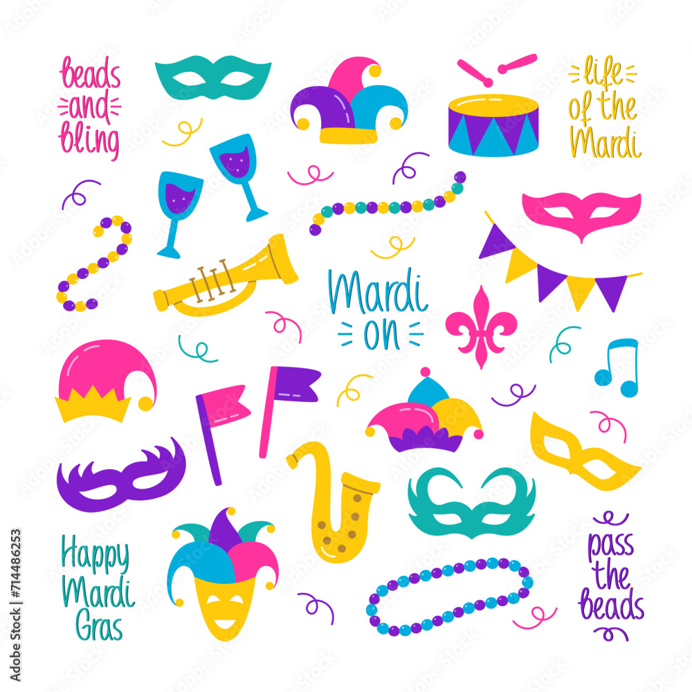 Mardi Gras Color Doodle Collection. Festive Design Color Isolated Elements Set. Vector Illustration of Carnaval Harlequin Hat, Beads, Carnival Masque, Saxophone, Trumpet, Drum, Fleur de Lis, Cocktail.