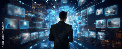 Businessman views digital images on a dark blue background, depicting world maps, intertwined networks, and a virtual world. Abstract concept of technology in business and network connections. #714486837