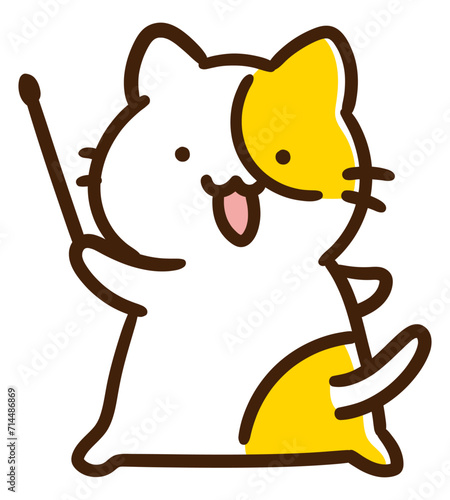 振り向きながら左側を指し示すかわいいねこのキャラクターのデフォルメイラスト