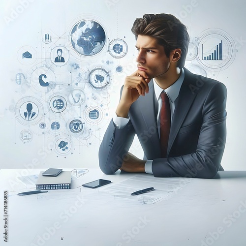 Businessman thinks about strategies to achieve success, with virtual screen illustration and copy space area photo