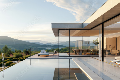 high view of a Modern exterior of a luxury villa in a minimal style. Glass house in the mountains. Magnificent mountain views from the veranda of a modern villa © Kien