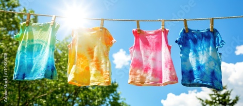 Kids tie-dye project: colorful clothes drying on sunny washing line.