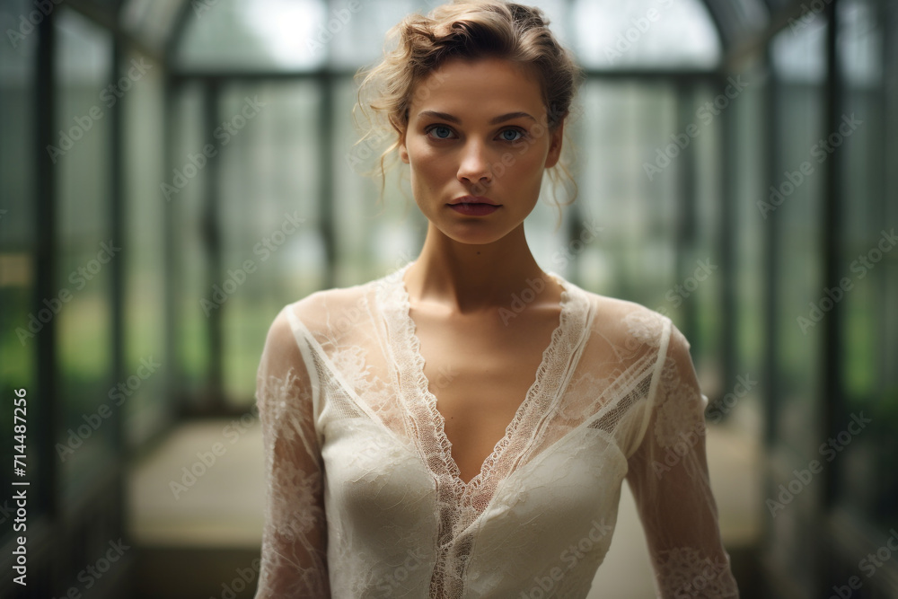 Fototapeta premium Beauty, fashion and make-up concept. Young beautiful woman portrait in orangery. Sexy and seductive looking model in old conservatory looking at camera with seductive look. Greenery in background