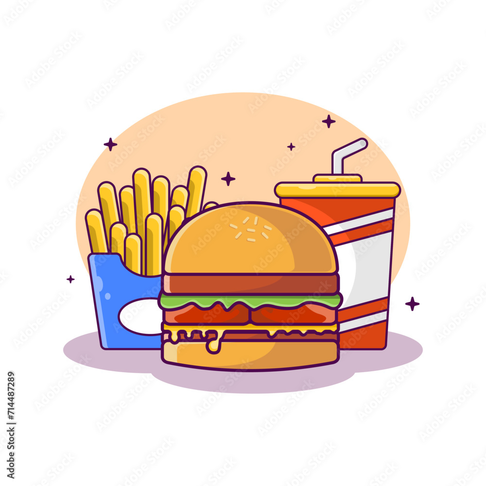 Vector illustration of ice soda drink, hamburger, french fries designed in simple flat style. Ready to eat food concept design. Vector illustration of ice soda drink, hamburger, french fries designed in simple flat style. Ready to eat food concept design.
