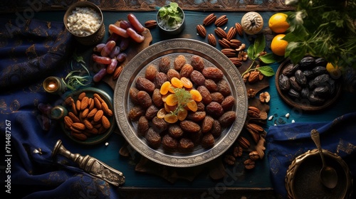 Dried fruits and nuts on a wooden background. photo
