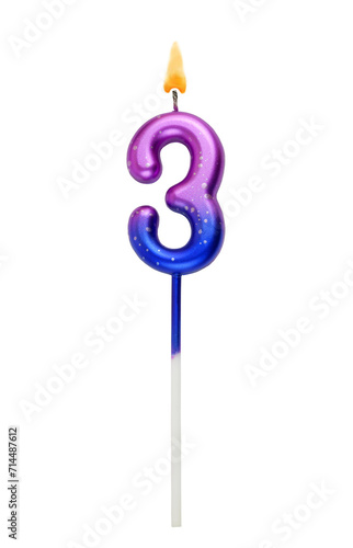 Burning colorful birthday candle isolated on white background. Number 3. 