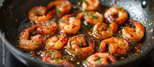 Spicy prawns cooked in olive oil, Sherry and garlic, served in a frying pan.