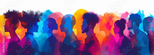 Colorful abstract illustration of silhouetted black individuals for Black History Month, promoting racial equality and diversity. photo