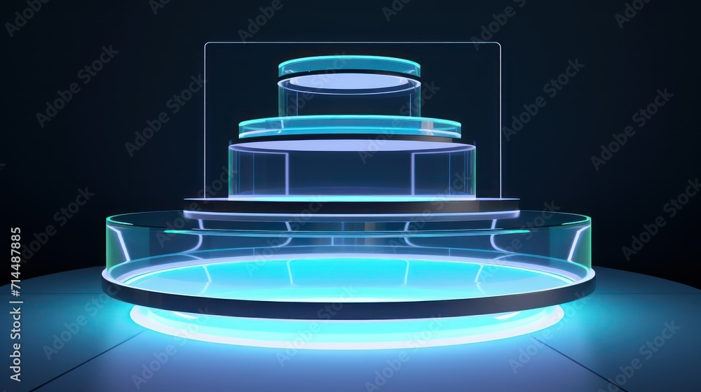 abstract background, podium, blue neon light, round pedestal abstract background, podium, blue neon light, round pedestal