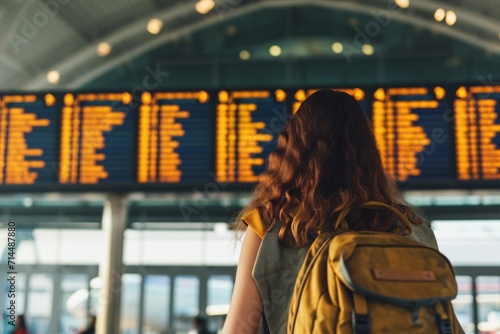 Young woman with backpack looking at airport departure board