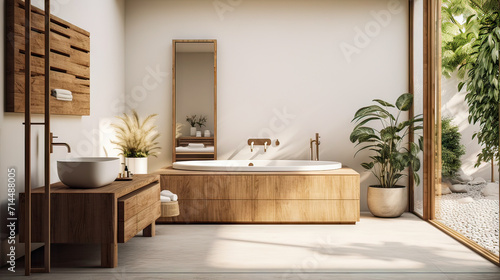 Fotografia Modern bathroom interior with white bathtub and chic vanity, black walls, parquet floor, plants, wooden wall panel, natural lighting