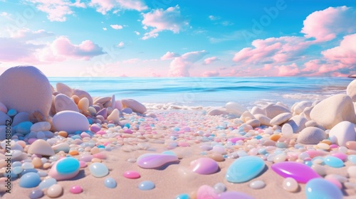 A beach with pebbles and a rainbow above a sandy area, 
