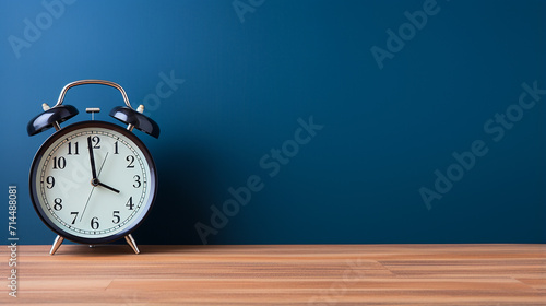 Wallpaper Mural black alarm clock on brown wood desk and blue wallpaper Torontodigital.ca