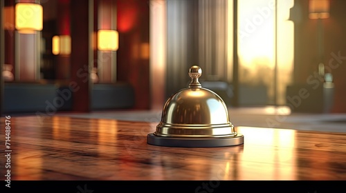 Modern hotel front desk, service bell foreground, high quality, ultra detailed, 