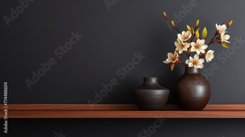 interior wall mockup with flower vase dark brown wallpaper