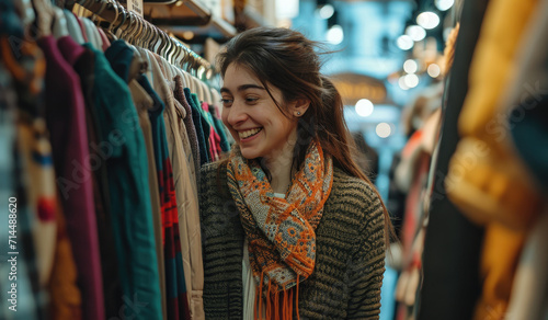 Woman happily shopping at fashion store