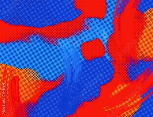 Abstract constrast blue, red, and orange halftone brush stroke illustration background isolated on horizontal ratio template. Social media post, website backdrop, poster print or brochure background. photo