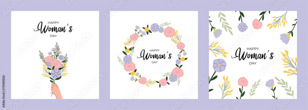 Happy Women's Day card collection. Bouquet of flowers, wreath of flowers, beautiful wildflowers in flat style. Vector illustration.