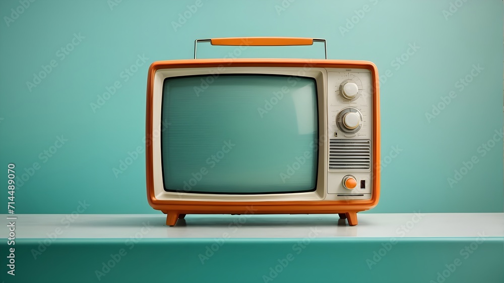 Retro old orange TV receiver on table front gradient aquamarine wall background. Vintage style filtered photo