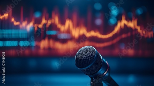 Microphone with waveform on blue background, broadcasting or podcasting banner with colour wave photo