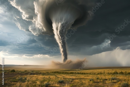 A powerful tornado sweeps across a stormy landscape photo
