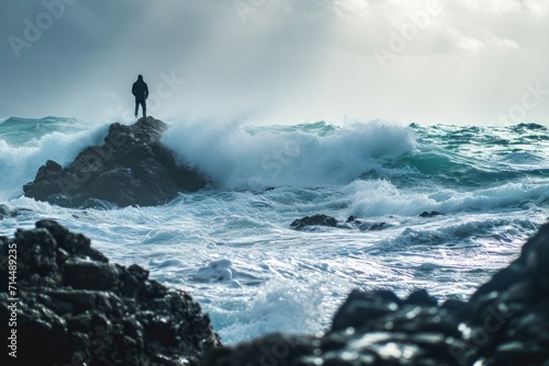 A lone man stands on a rocky island, surrounded by stormy ocean waves. This represents the concept of failure, crisis, and lost opportunities in business and education