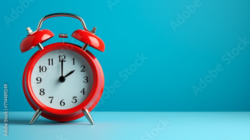 red alarm clock on blue background. time managing concept