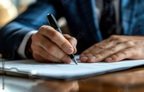 a male businessman with a suit signing a document with his pen by writing down his signature.