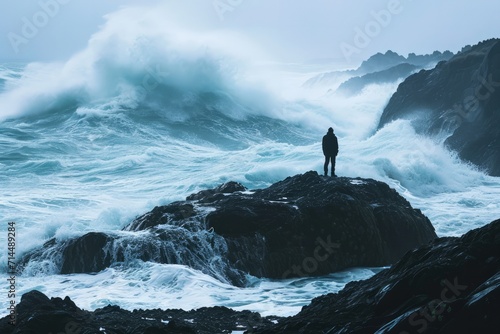 A lone man stands on a rocky island, surrounded by stormy ocean waves. This represents the concept of failure, crisis, and lost opportunities in business and education photo